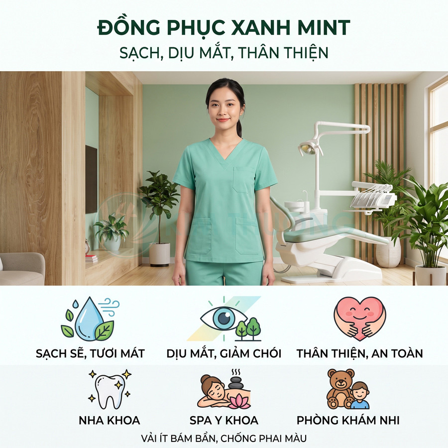 Đồng phục y tế màu xanh mint cho nha khoa spa phòng khám, thiết kế đơn giản sạch sẽ dịu mắt