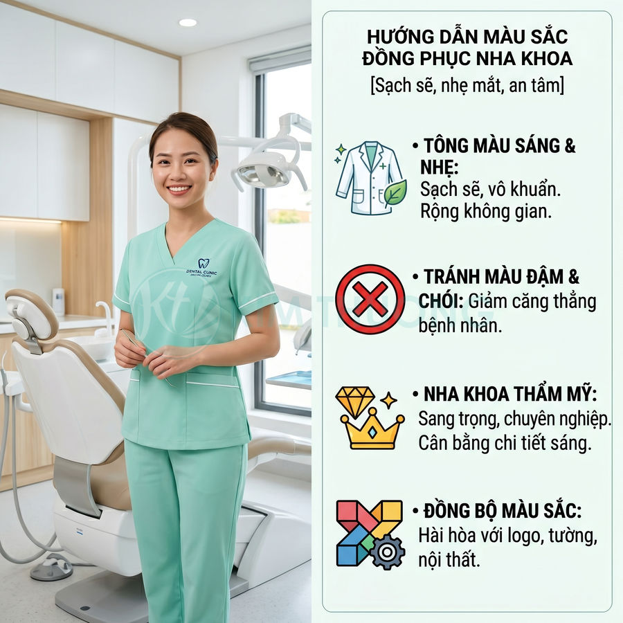 Nữ nhân viên nha khoa mặc đồng phục màu xanh mint đứng trong phòng khám răng hiện đại sạch sẽ