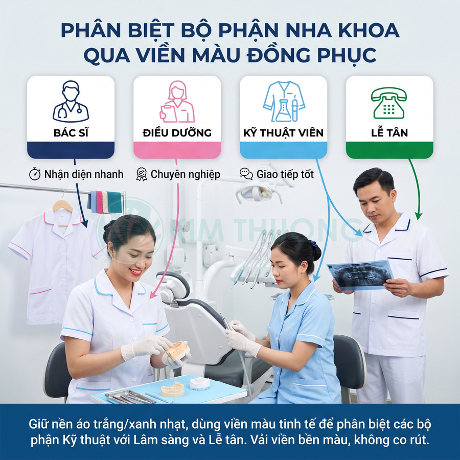 Đồng phục nha khoa viền màu phân biệt bác sĩ, điều dưỡng, kỹ thuật viên và lễ tân trong phòng khám răng hiện đại