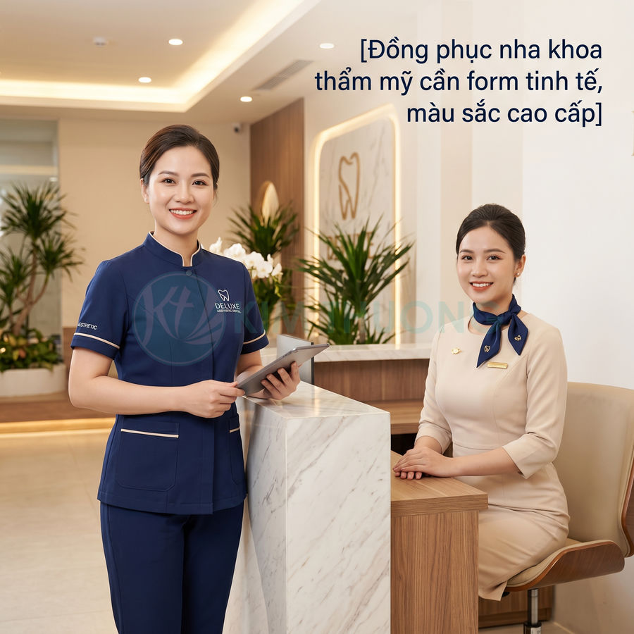 Nhân viên lễ tân nha khoa mặc đồng phục cao cấp màu xanh navy và be trong không gian phòng khám hiện đại