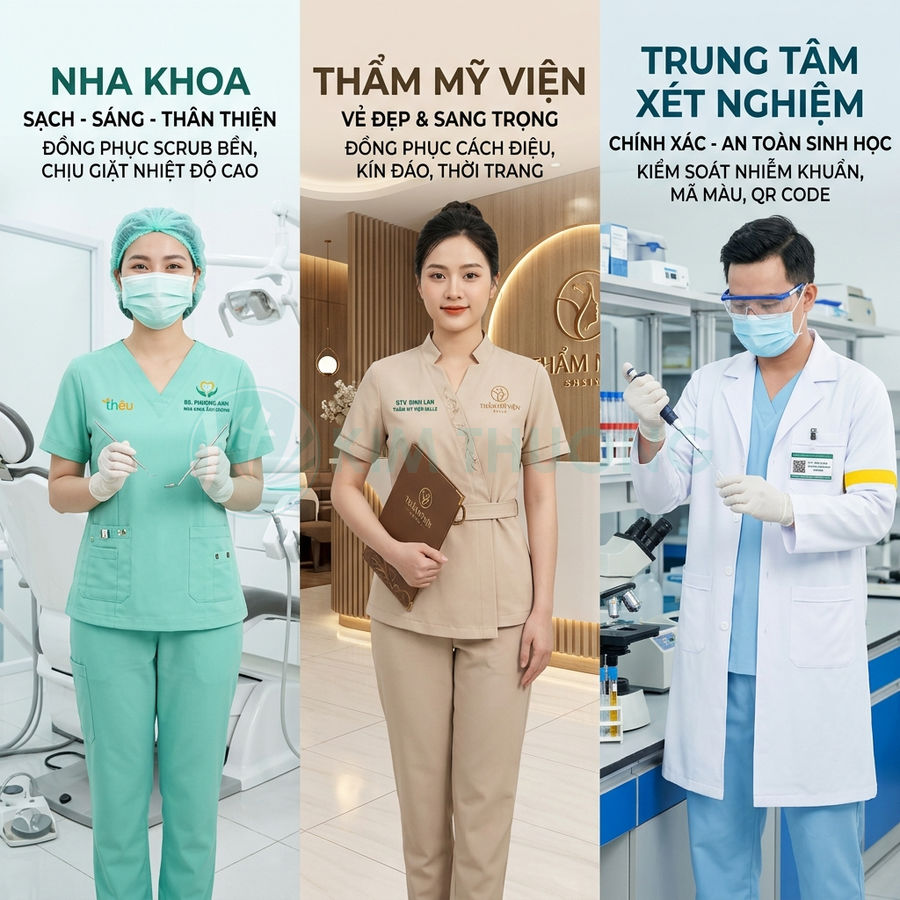 Đồng phục y tế cho nha khoa, thẩm mỹ viện và trung tâm xét nghiệm với thiết kế chuyên nghiệp, sạch sẽ