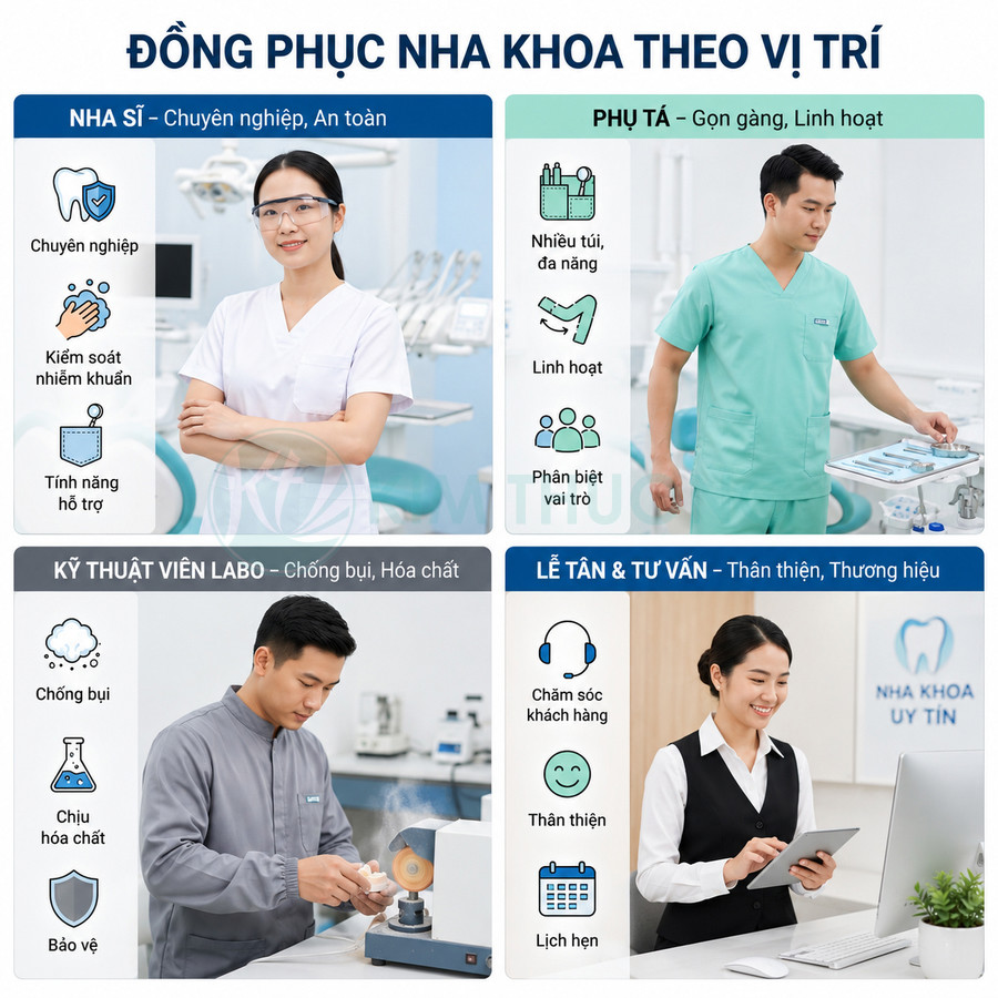 Đồng phục nha khoa cho nha sĩ, phụ tá, kỹ thuật viên labo và lễ tân trong phòng khám hiện đại
