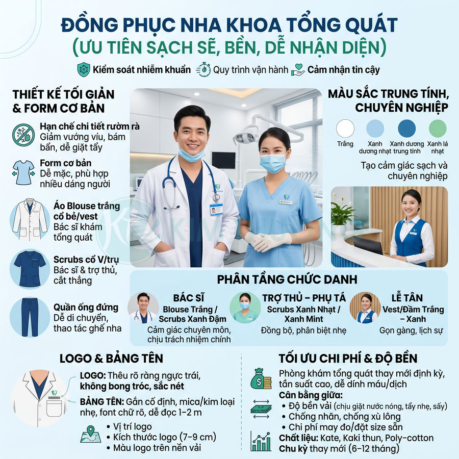 Đồng phục nha khoa tổng quát sạch sẽ chuyên nghiệp cho bác sĩ, trợ thủ và lễ tân trong phòng khám hiện đại