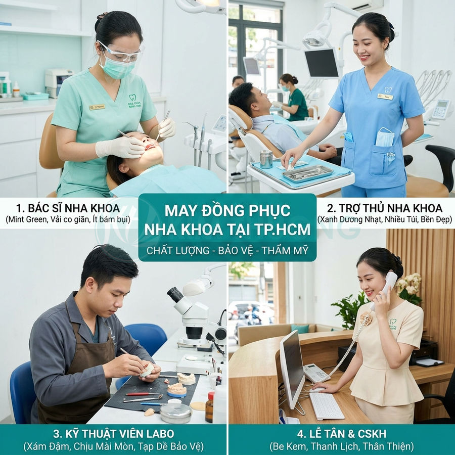 Đồng phục nha khoa chuyên nghiệp cho bác sĩ, trợ thủ, kỹ thuật viên labo và lễ tân tại phòng khám nha khoa