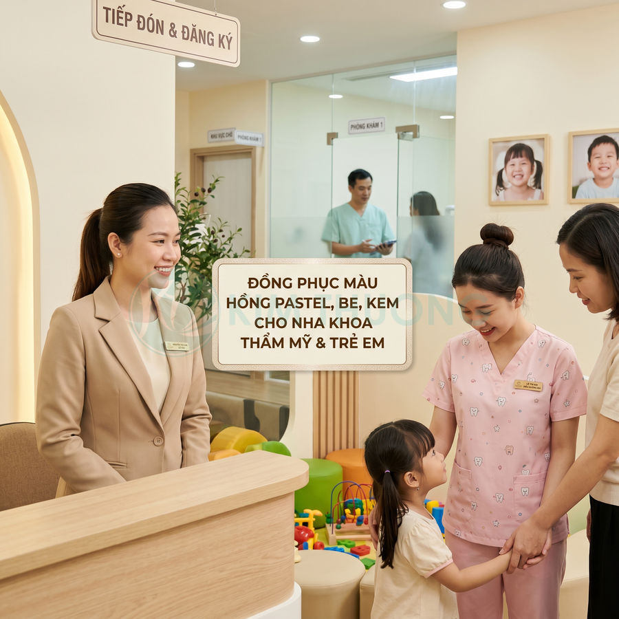 Nhân viên nha khoa mặc đồng phục hồng pastel và be thân thiện đón tiếp mẹ và bé tại phòng khám trẻ em
