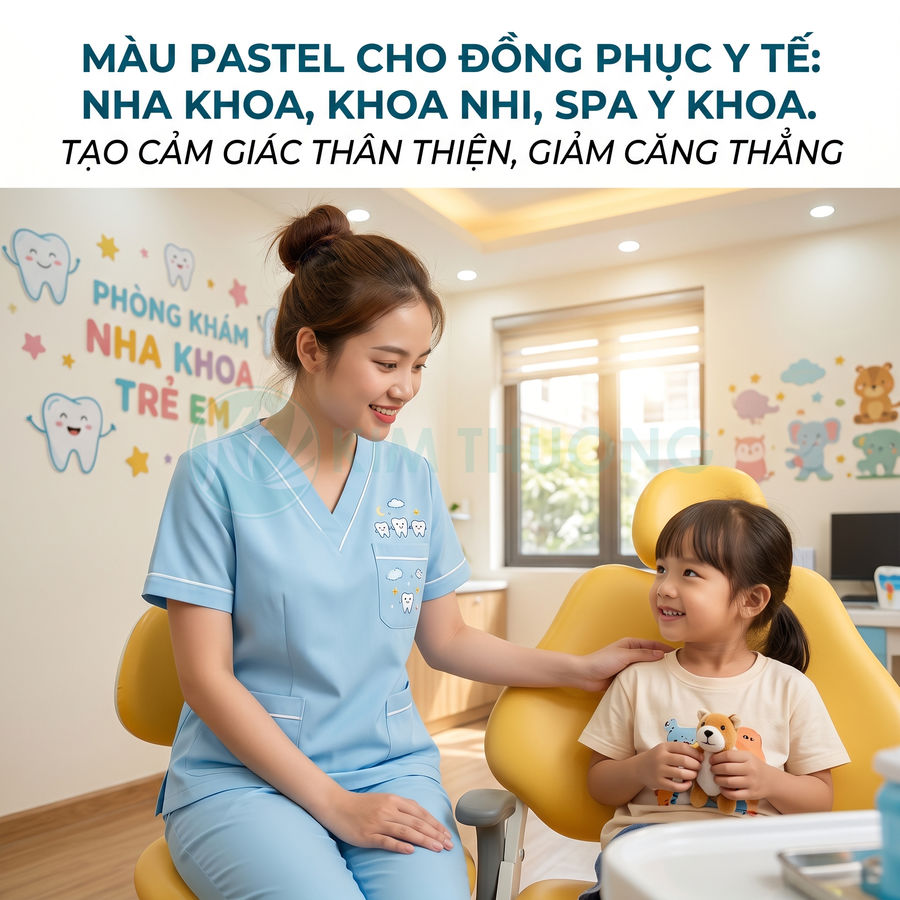 Đồng phục y tá màu pastel xanh nhạt với họa tiết răng sữa trong phòng khám nha khoa trẻ em