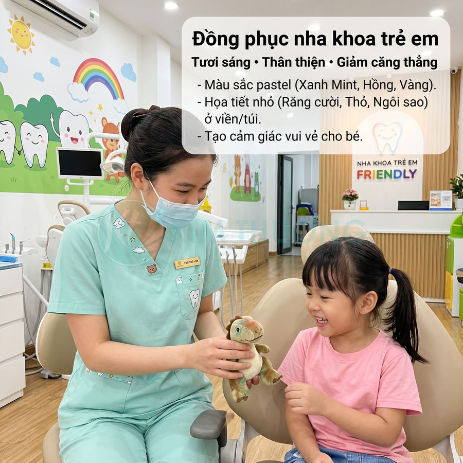 Đồng phục nha khoa trẻ em màu xanh mint với họa tiết răng dễ thương, nha sĩ chơi cùng bé gái trong phòng khám FRIENDLY
