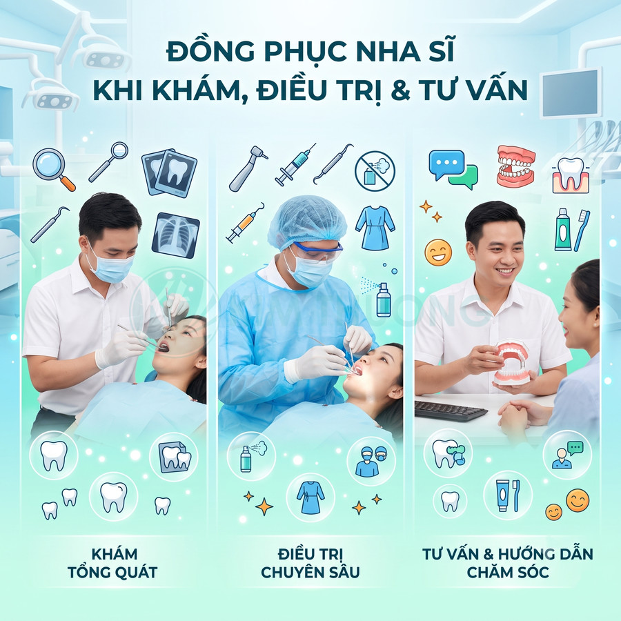 Đồng phục nha sĩ khi khám tổng quát, điều trị chuyên sâu và tư vấn chăm sóc răng miệng cho bệnh nhân