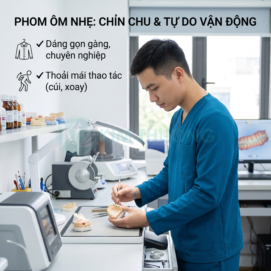 Bác sĩ nha khoa mặc đồng phục y tế màu xanh dương đang làm việc với mẫu răng trong phòng khám hiện đại
