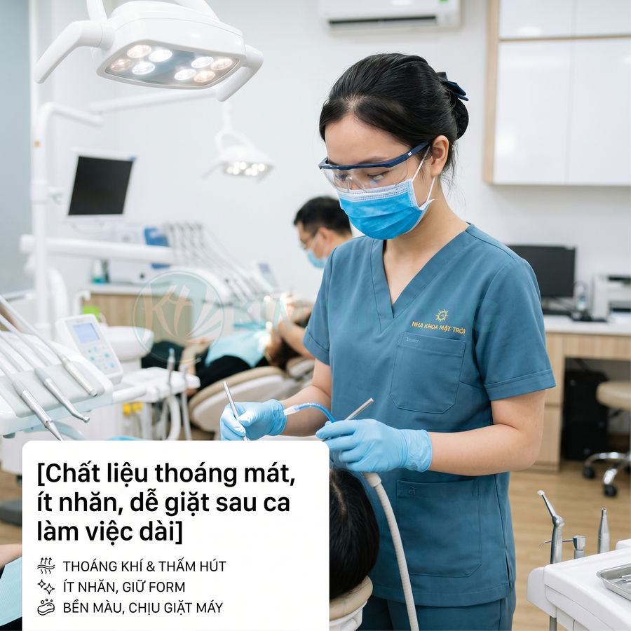 Đồng phục nha khoa màu xanh dương thoáng mát ít nhăn cho nhân viên y tế trong phòng khám răng