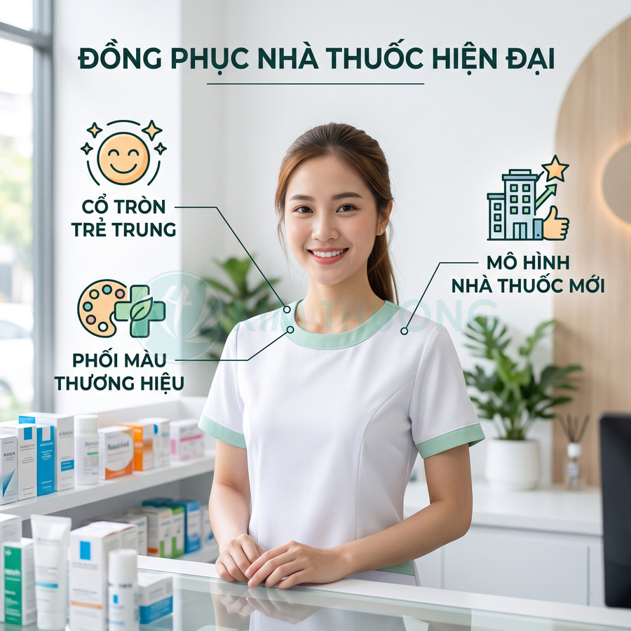 Đồng phục nhà thuốc hiện đại cổ tròn trẻ trung phối màu trắng xanh cho nhân viên quầy thuốc