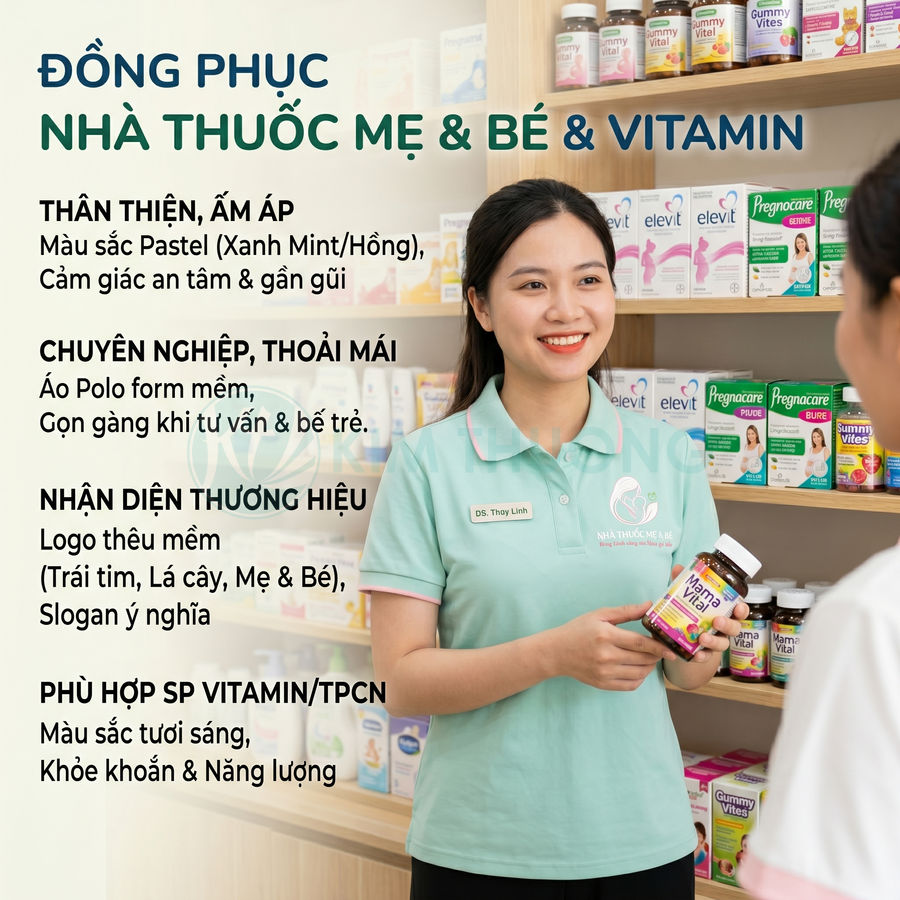 Nhân viên nhà thuốc Mẹ và Bé mặc áo polo xanh mint tư vấn và cầm lọ vitamin Mamavit Vital