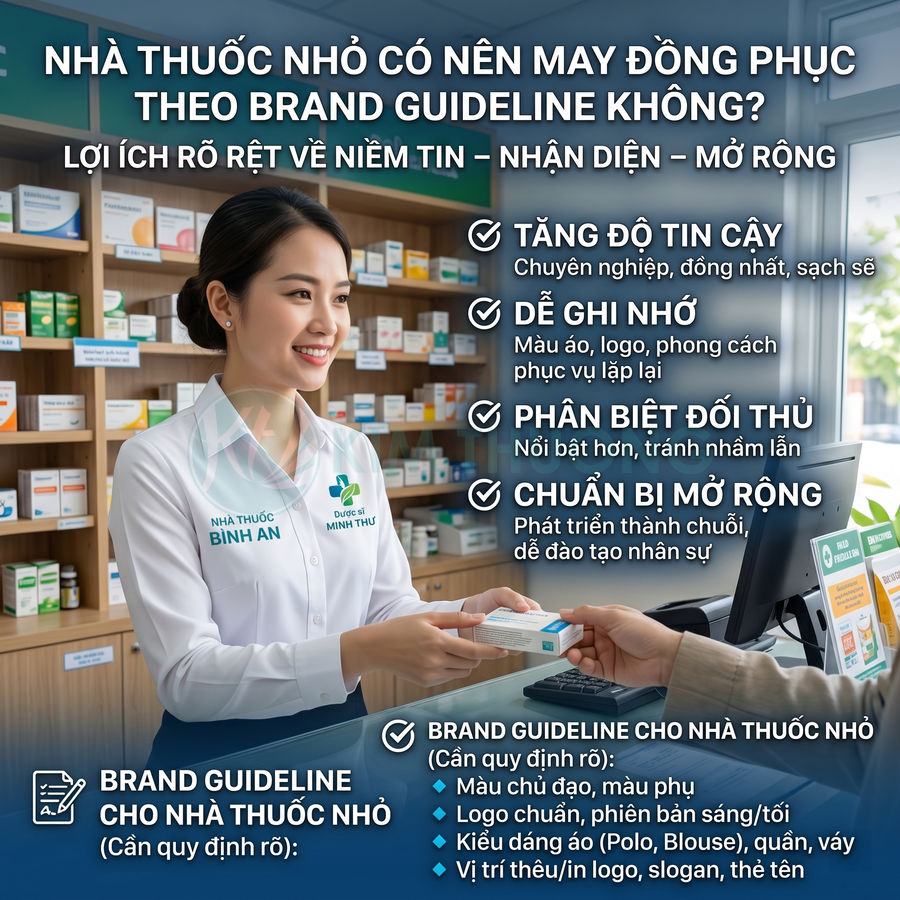 Dược sĩ nhà thuốc Bình An mặc đồng phục trắng nhận thuốc từ khách, nhấn mạnh brand guideline cho nhà thuốc nhỏ