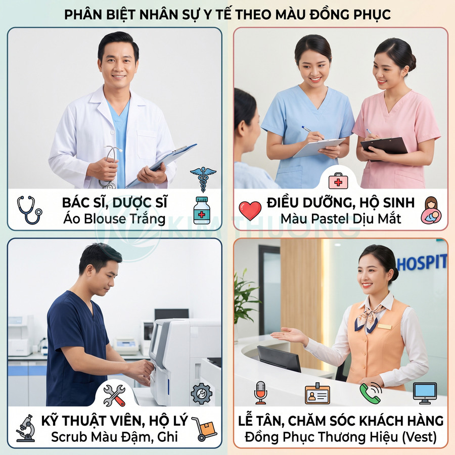 Phân biệt đồng phục nhân viên y tế và lễ tân bệnh viện theo màu sắc và vị trí công việc