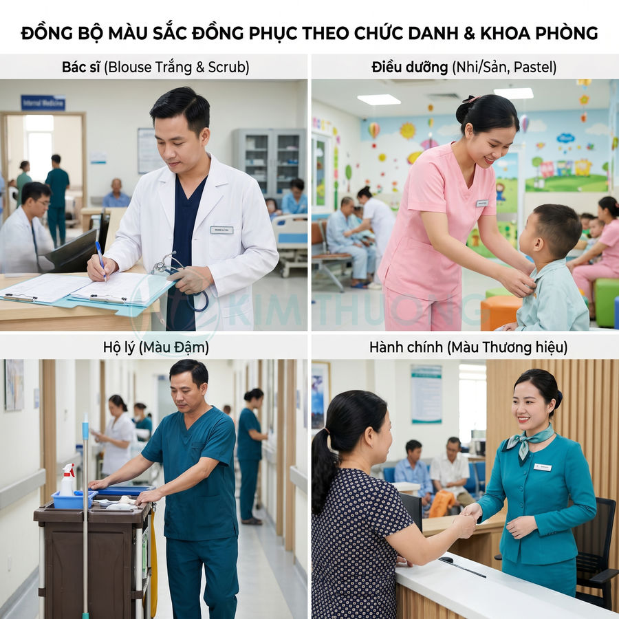 Đồng phục bệnh viện cho bác sĩ, điều dưỡng, hộ lý và nhân viên hành chính với màu sắc phân biệt theo chức danh