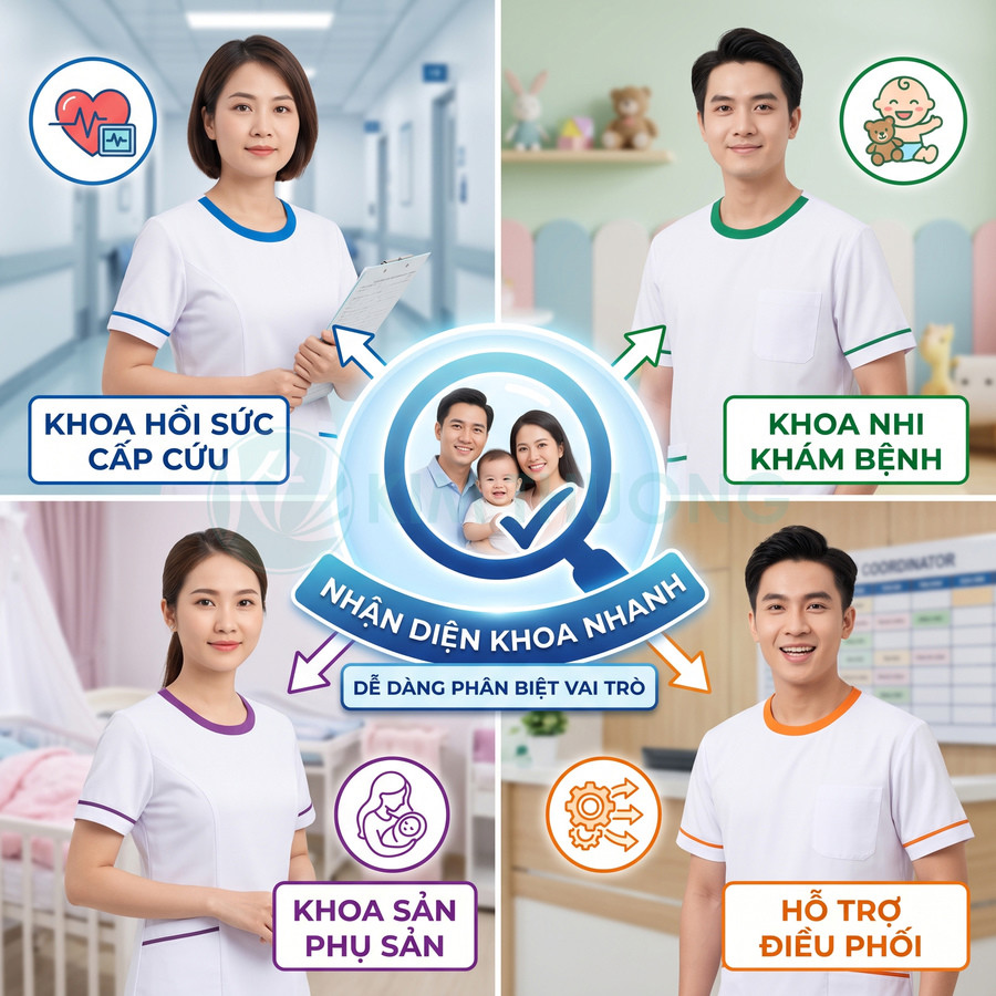 Đồng phục y tá nhiều màu giúp nhận diện nhanh khoa hồi sức cấp cứu, khoa nhi, khoa sản và bộ phận hỗ trợ điều phối