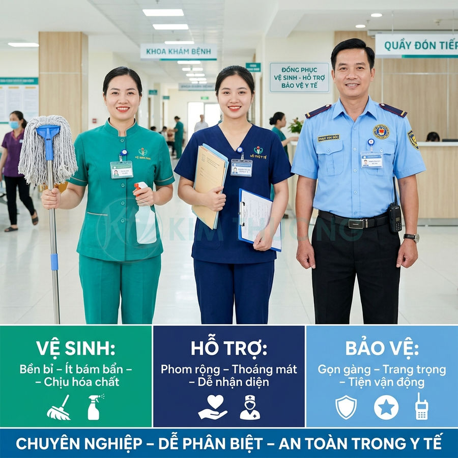 Đồng phục nhân viên vệ sinh, điều dưỡng và bảo vệ bệnh viện màu sắc rõ ràng dễ nhận diện