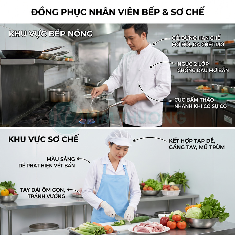 Đồng phục nhân viên bếp và sơ chế với áo trắng, tạp dề, găng tay, mũ trùm trong khu bếp chuyên nghiệp