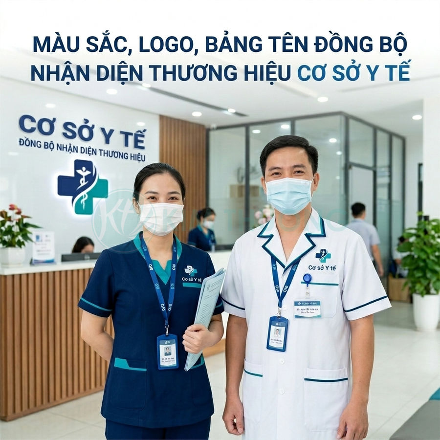Nhân viên y tế mặc đồng phục và bảng tên đồng bộ nhận diện thương hiệu cơ sở y tế
