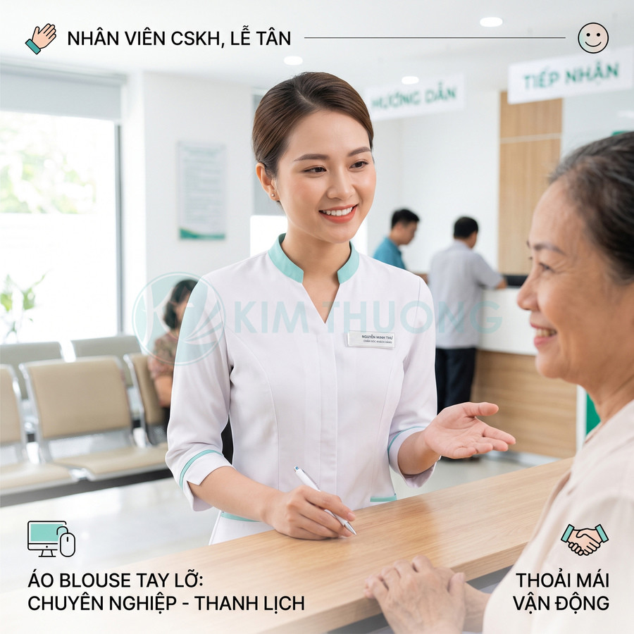 Nhân viên lễ tân bệnh viện mặc áo blouse tay lỡ trắng cổ xanh tư vấn bệnh nhân tại quầy tiếp nhận