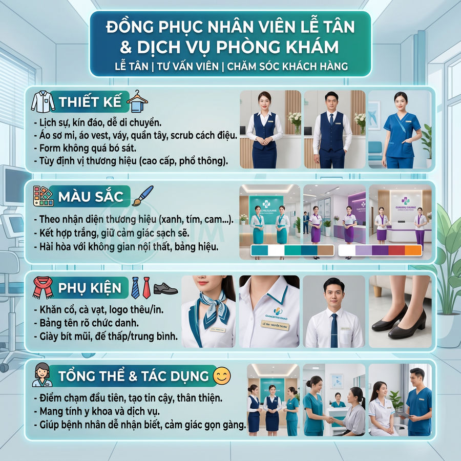 Đồng phục nhân viên lễ tân và dịch vụ phòng khám với áo vest, váy, quần tây và phụ kiện chuyên nghiệp