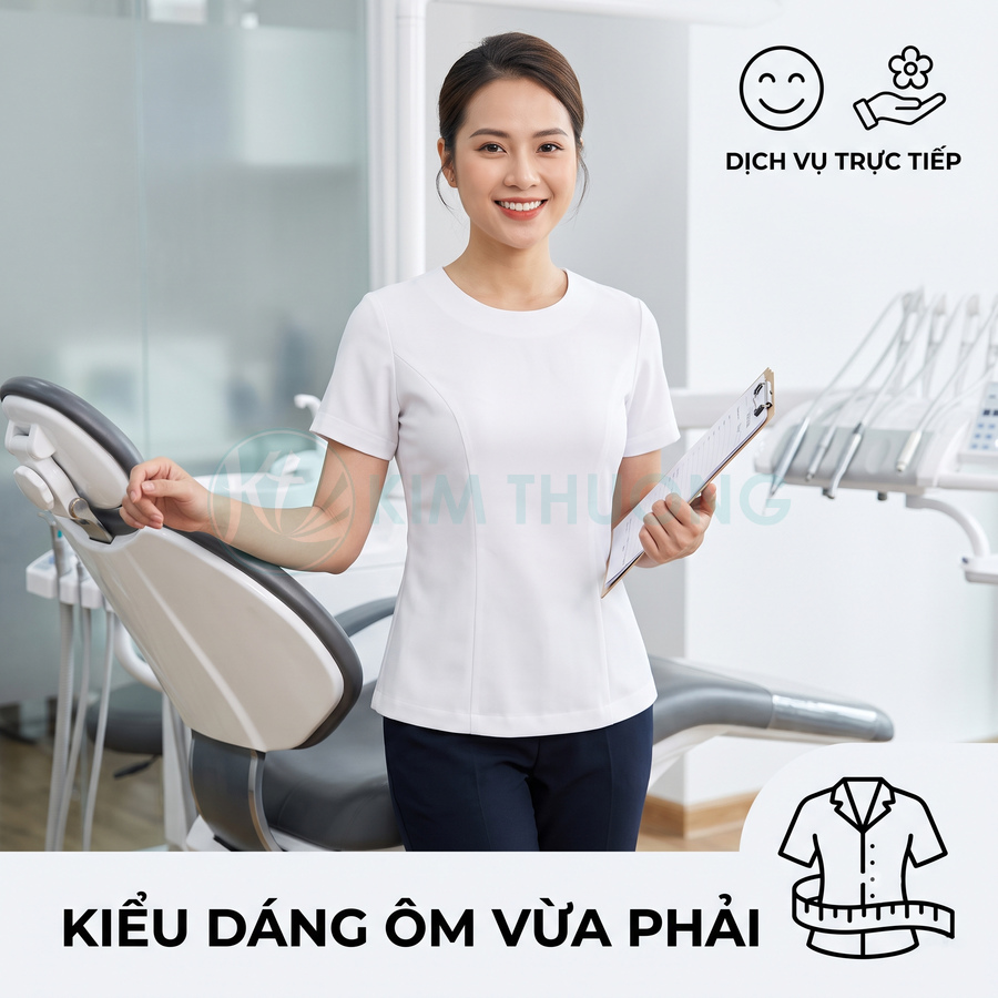 Nữ nhân viên nha khoa mặc áo đồng phục trắng dáng ôm vừa phải đứng cạnh ghế khám răng