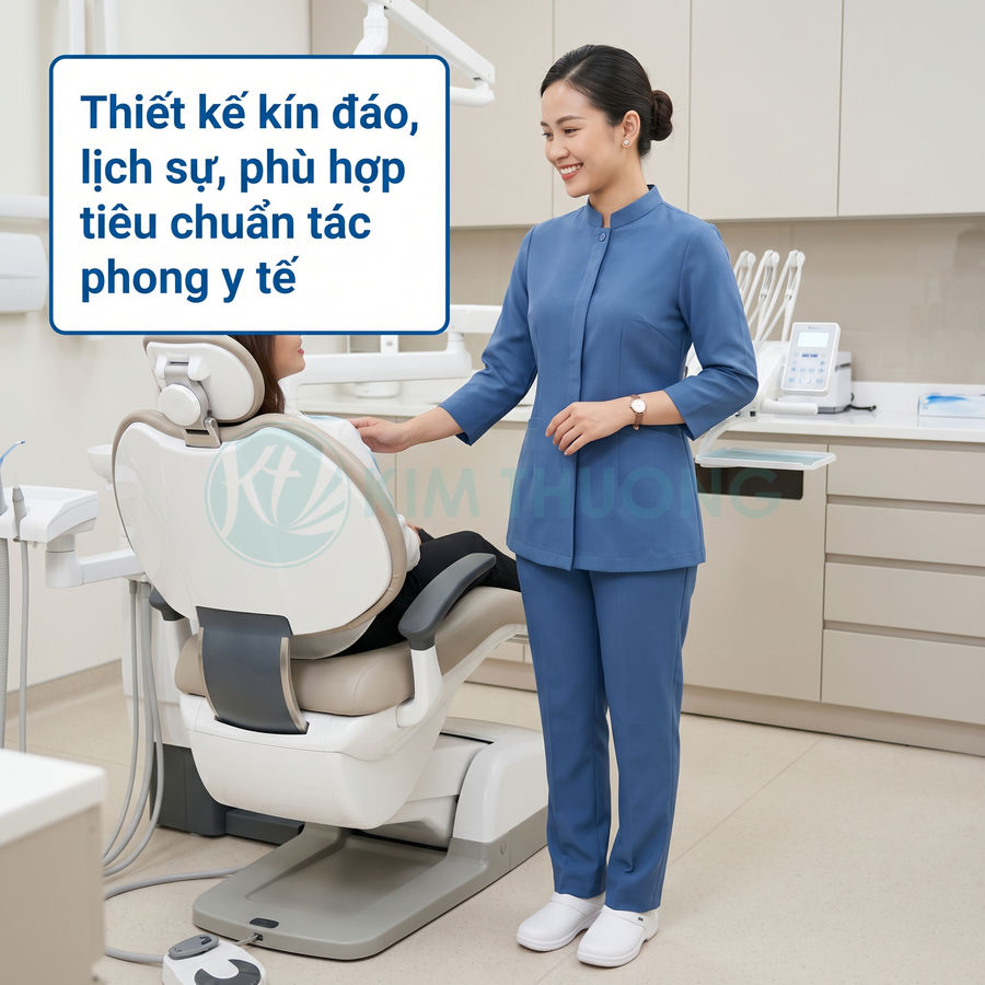Đồng phục y tá màu xanh kín đáo lịch sự trong phòng khám nha khoa hiện đại