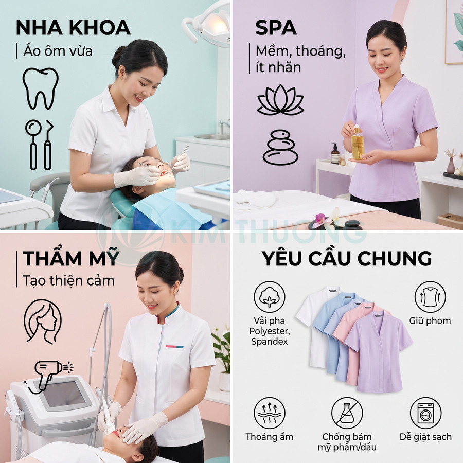 Đồng phục spa nha khoa thẩm mỹ nữ tay ngắn nhiều màu, chất liệu thoáng mát giữ phom, phù hợp nhân viên dịch vụ làm đẹp