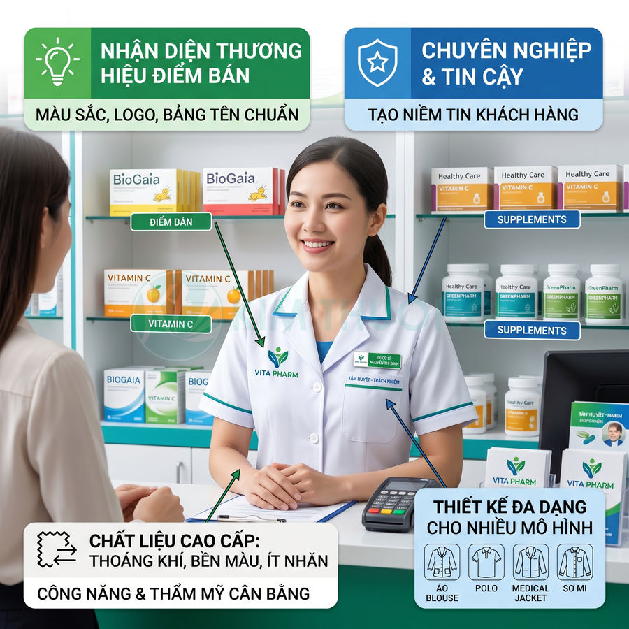 Đồng phục dược sĩ nhà thuốc đẹp, thanh lịch, dễ ghi nhớ thương hiệu