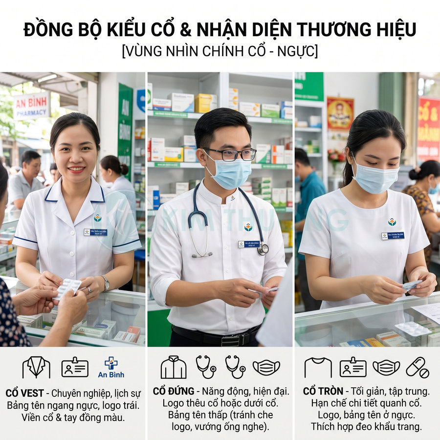 Nhân viên nhà thuốc An Bình mặc đồng phục trắng, đeo bảng tên và logo thương hiệu khi tư vấn khách hàng