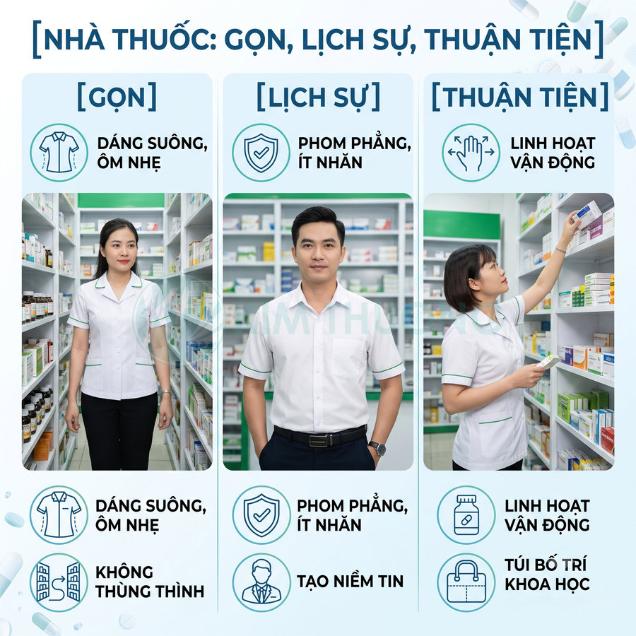 Đồng phục nhân viên nhà thuốc màu trắng viền xanh gọn gàng lịch sự, thuận tiện khi làm việc và tư vấn khách hàng
