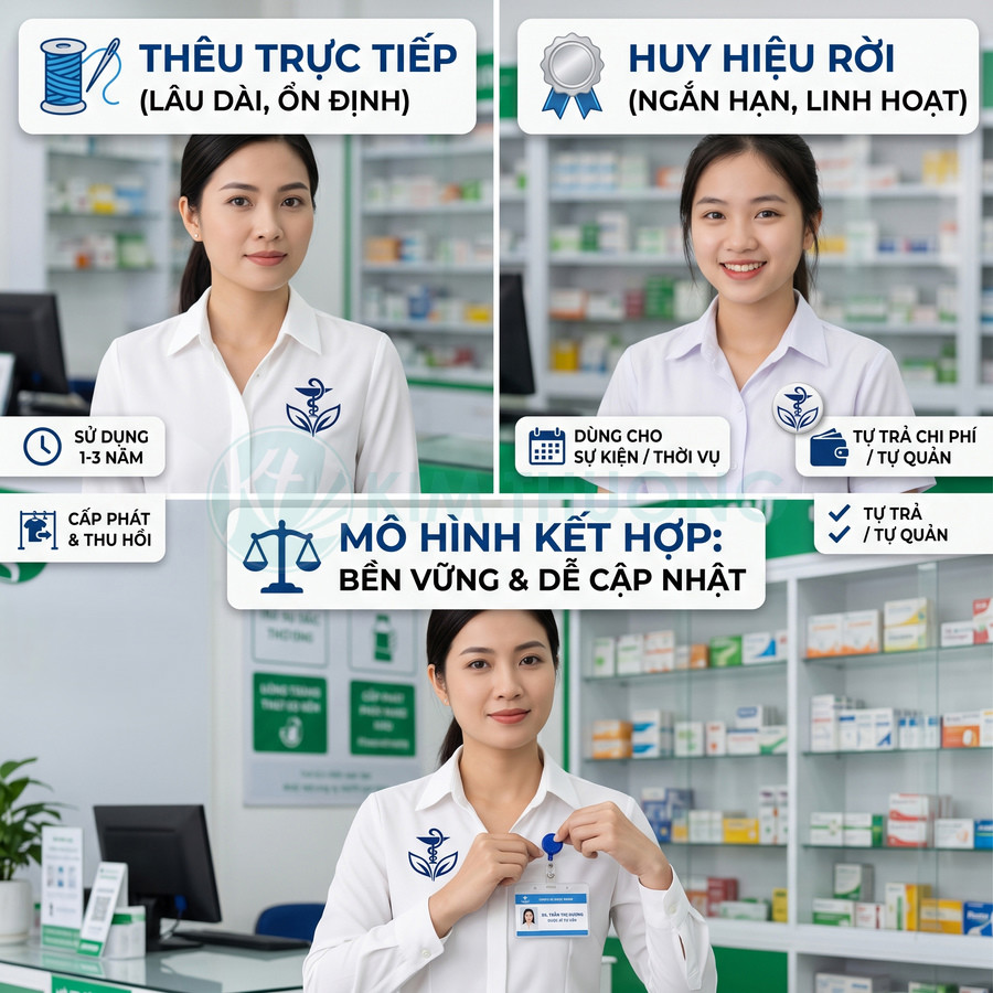 Nhân viên nhà thuốc mặc áo sơ mi trắng có logo thêu và đeo thẻ tên huy hiệu rời trong quầy thuốc