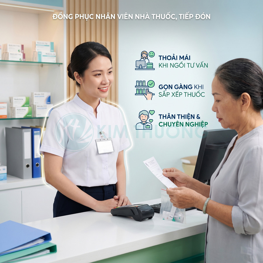 Đồng phục nhân viên nhà thuốc màu trắng cổ trụ, nhân viên tư vấn cho khách tại quầy thanh toán