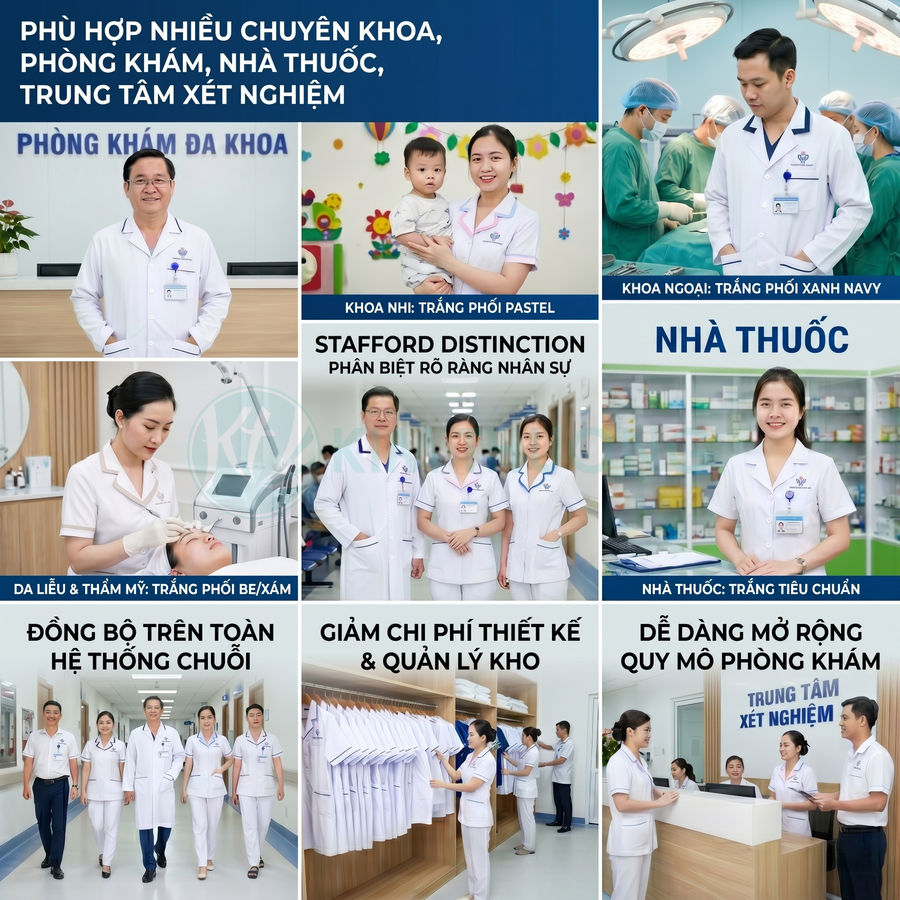 Đồng phục y tế trắng cho bác sĩ, y tá tại phòng khám đa khoa, nhà thuốc và trung tâm xét nghiệm