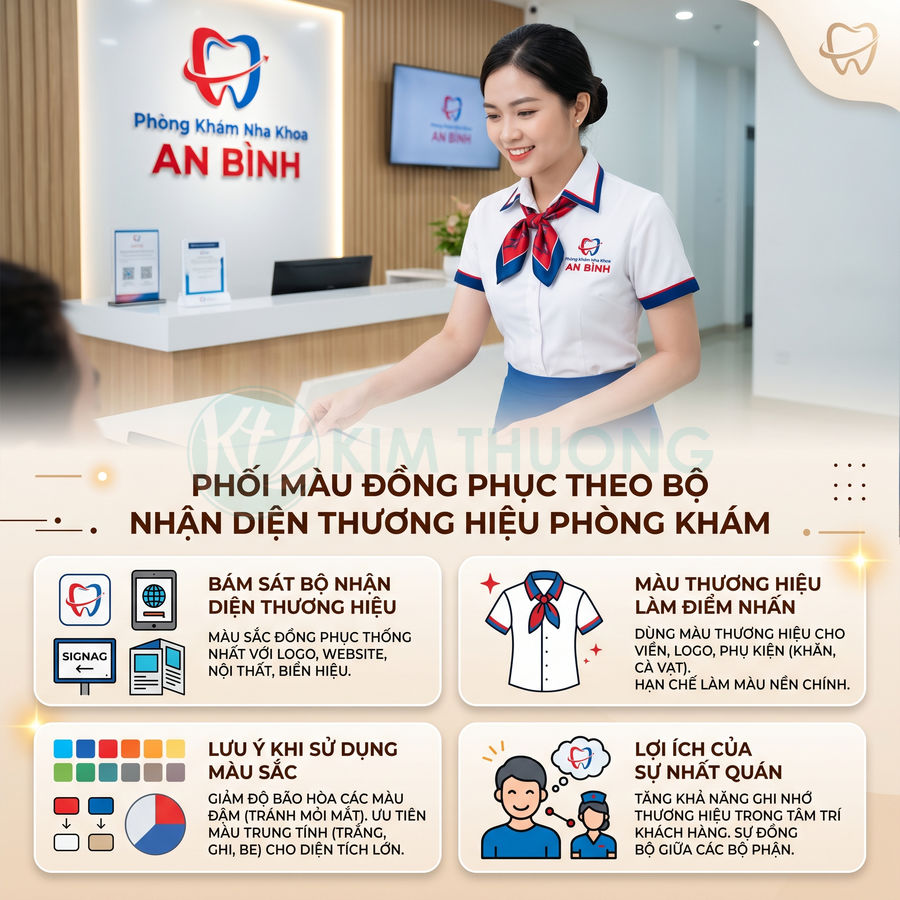 Nhân viên lễ tân phòng khám nha khoa An Bình mặc đồng phục trắng xanh viền đỏ tại quầy tiếp đón khách hàng
