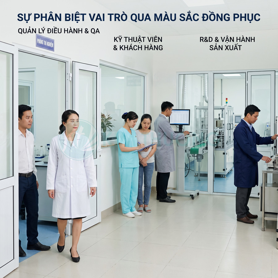 Nhân viên phòng thí nghiệm mặc đồng phục nhiều màu sắc làm việc trong nhà máy sản xuất hiện đại