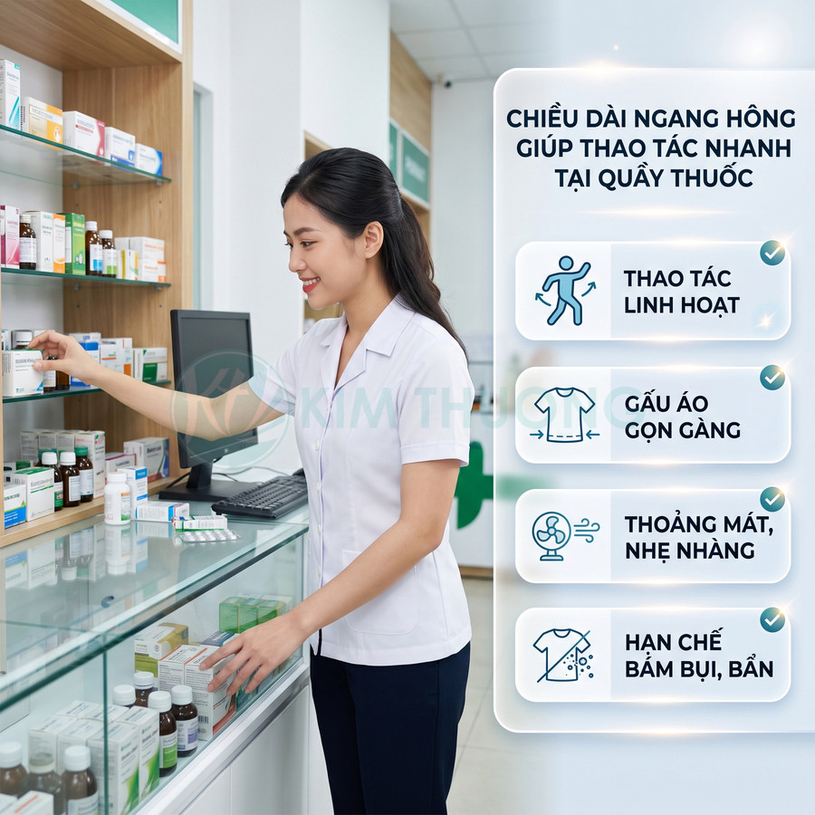 Nữ dược sĩ mặc đồng phục áo blouse trắng tay ngắn đứng lấy thuốc tại quầy nhà thuốc hiện đại