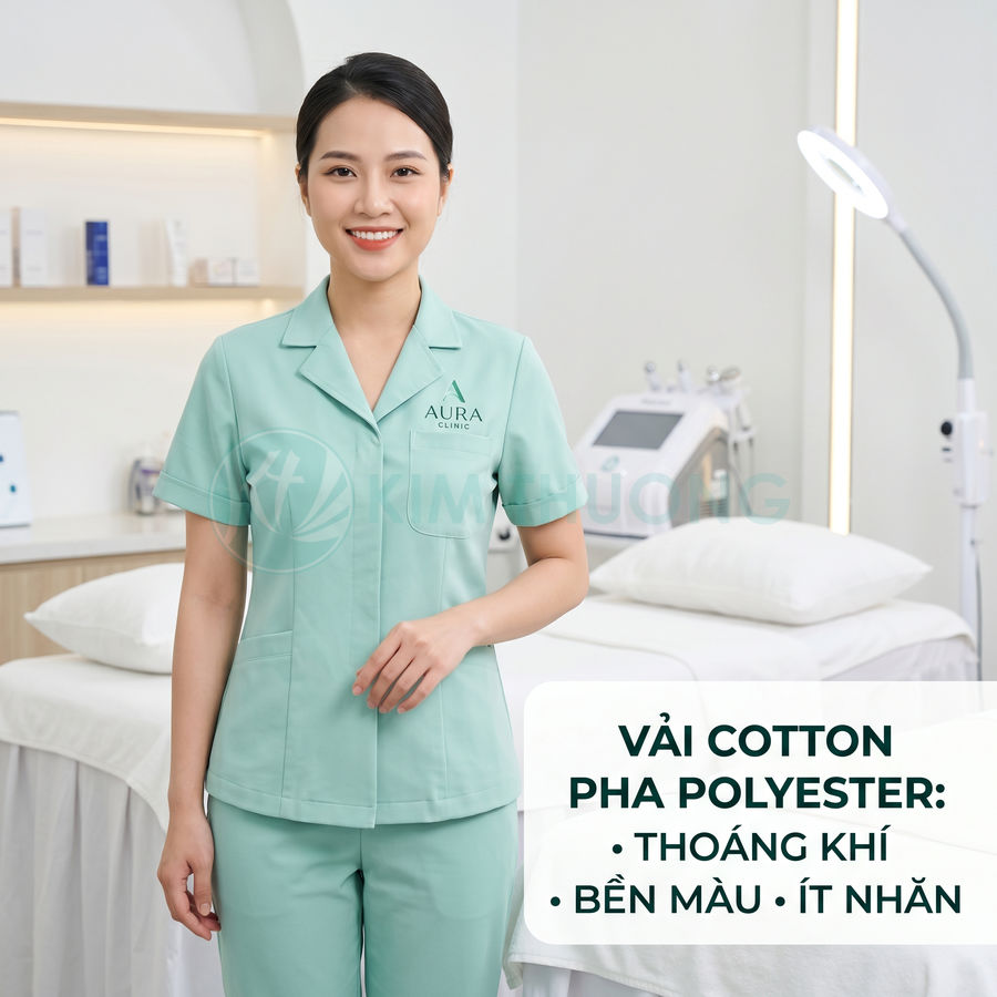 Đồng phục spa màu xanh mint chất liệu cotton pha polyester logo Aura Clinic trong phòng trị liệu spa