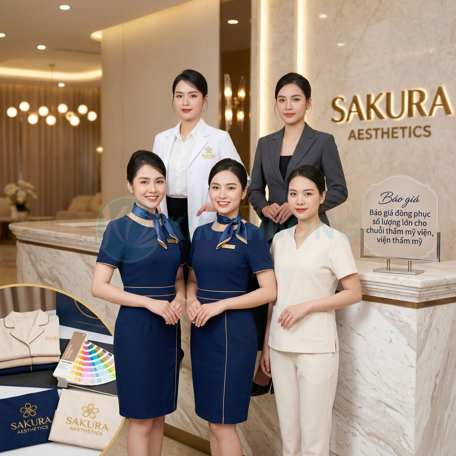 Nhân viên Sakura Aesthetics mặc đồng phục spa và lễ tân cao cấp đứng tại sảnh tiếp đón sang trọng