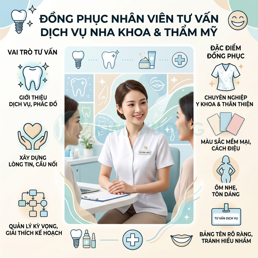 Đồng phục nhân viên tư vấn dịch vụ nha khoa thẩm mỹ màu trắng chuyên nghiệp, ôm nhẹ tôn dáng, bảng tên rõ ràng
