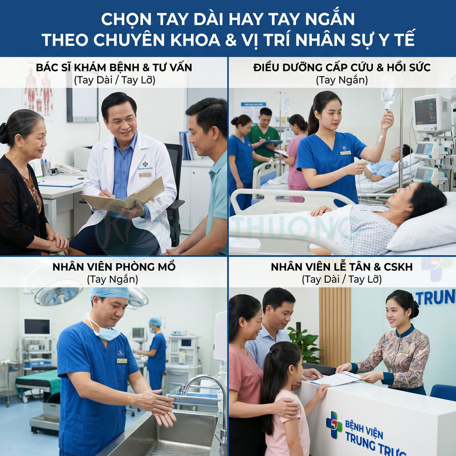 Nhân viên y tế bệnh viện mặc đồng phục tay dài tay ngắn theo từng vị trí bác sĩ điều dưỡng lễ tân