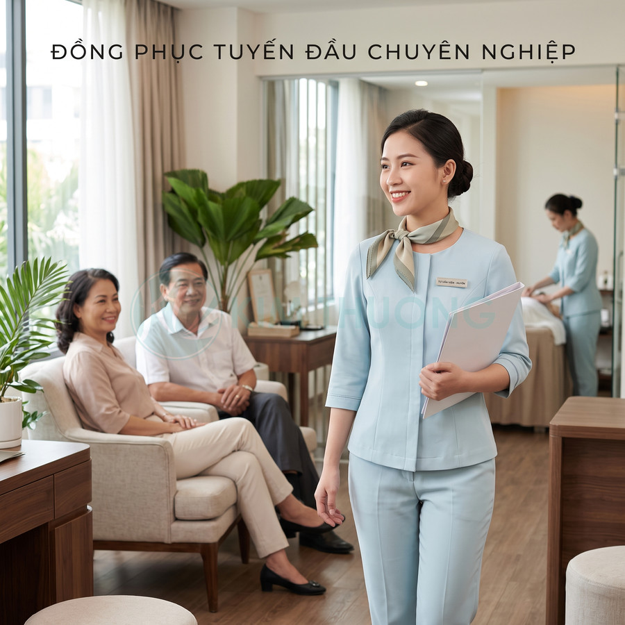 Đồng phục nhân viên lễ tân spa màu xanh nhạt, thiết kế lịch sự chuyên nghiệp trong không gian tiếp khách