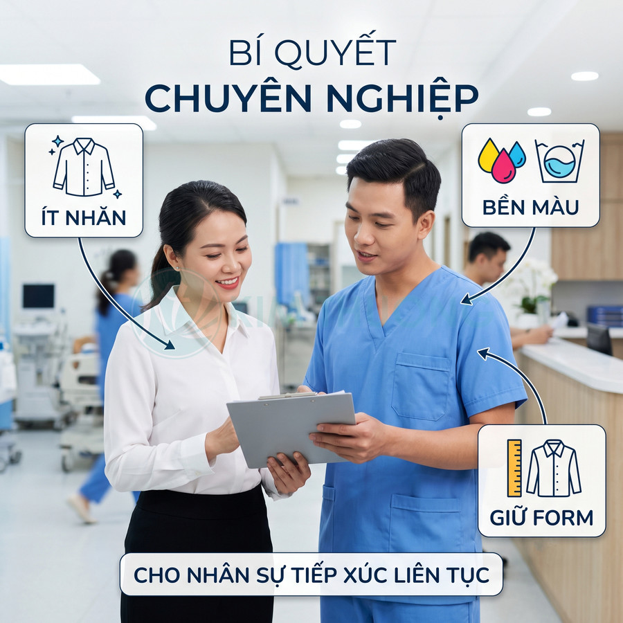 Đồng phục y tế ít nhăn bền màu giữ form cho nhân sự tiếp xúc liên tục trong bệnh viện