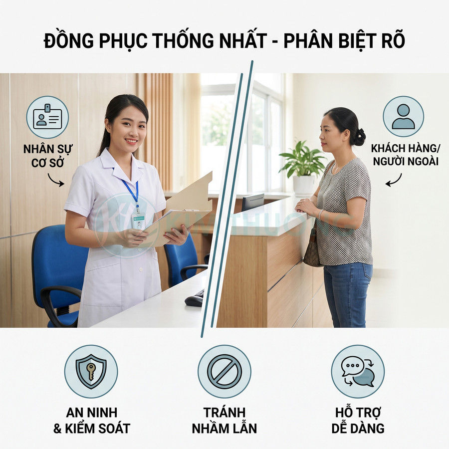 Nhân viên lễ tân mặc đồng phục trắng đeo thẻ tên hỗ trợ khách hàng tại quầy tiếp đón
