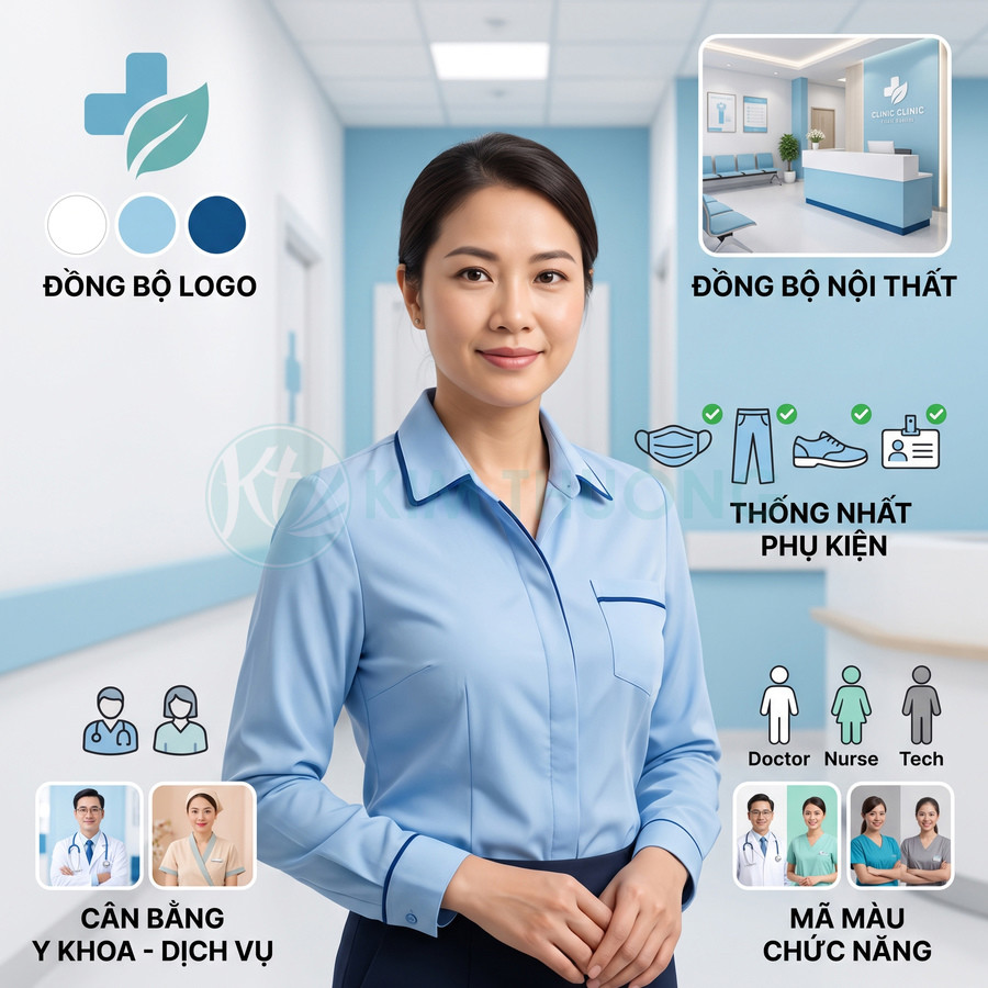 Nhân viên nữ mặc đồng phục sơ mi xanh nhạt trong sảnh phòng khám hiện đại tông xanh trắng