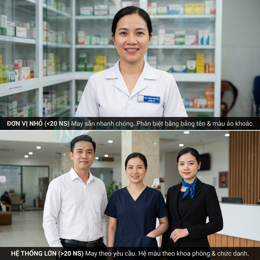 Đồng phục nhân viên y tế và lễ tân bệnh viện với áo blouse trắng, đồ scrub xanh và vest công sở chuyên nghiệp