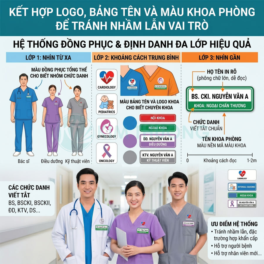 Hệ thống đồng phục bệnh viện với bác sĩ, điều dưỡng, kỹ thuật viên phân biệt bằng màu áo và bảng tên chuyên khoa