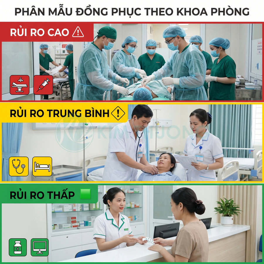 Đồng phục y tá bác sĩ theo mức độ rủi ro tại bệnh viện trong phòng mổ, phòng bệnh và quầy phát thuốc