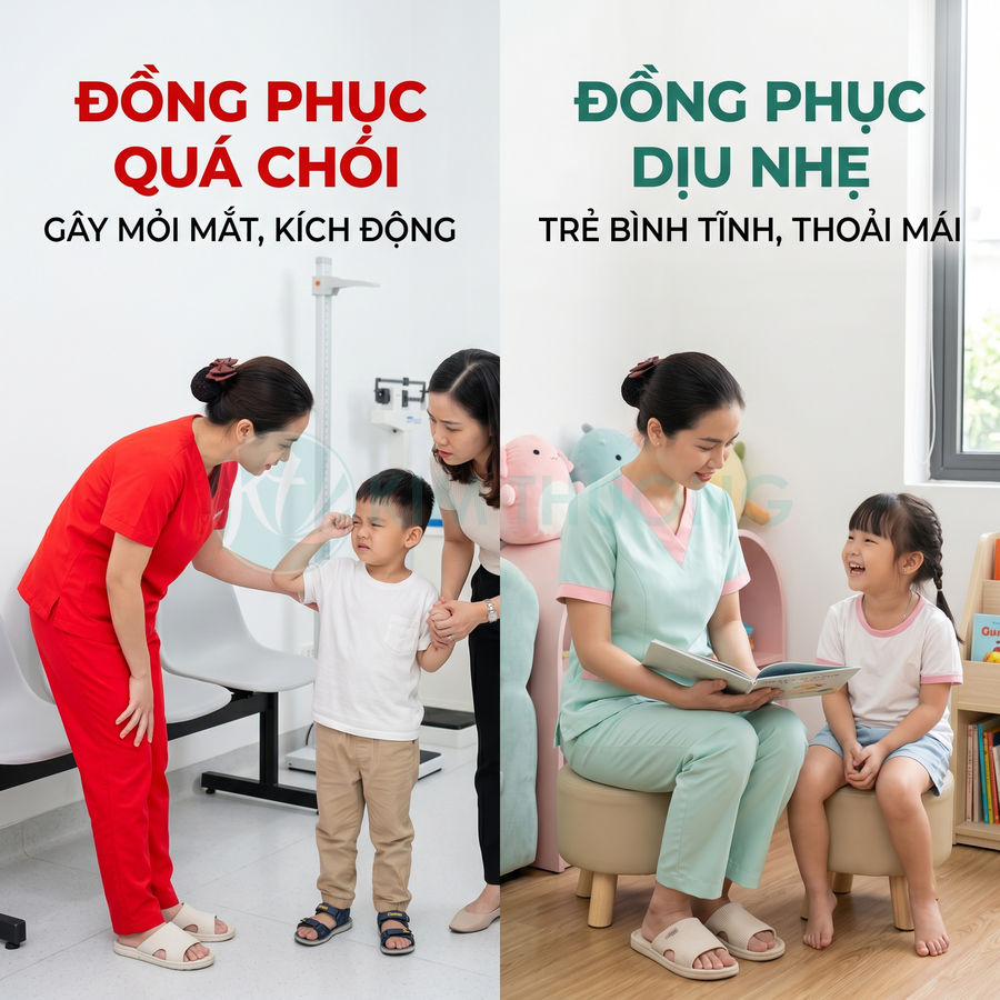 So sánh đồng phục y tá màu đỏ và đồng phục y tá màu pastel dịu nhẹ trong phòng khám nhi