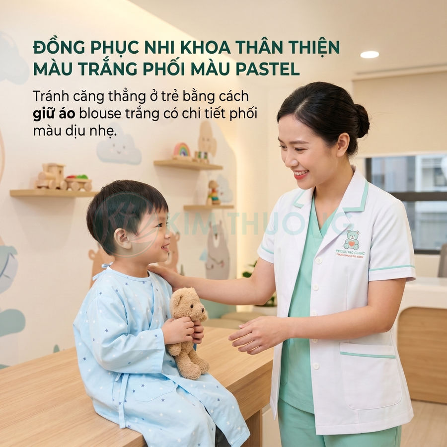 Đồng phục bác sĩ nhi khoa màu trắng phối pastel thân thiện, bác sĩ chăm sóc bé trong phòng khám